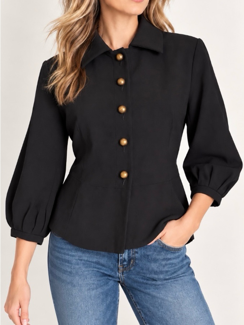 Cabi Black Military Style Jacket Brass Buttons 3/4 Sleeve Size 6